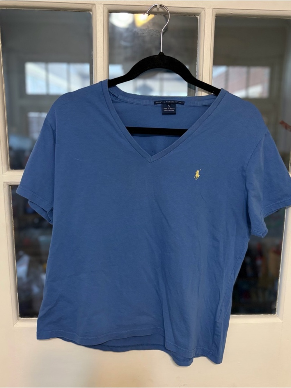 Ralph Lauren V-Neck Tee in Cornflower Blue with Yellow Pony - Picture 1 of 3